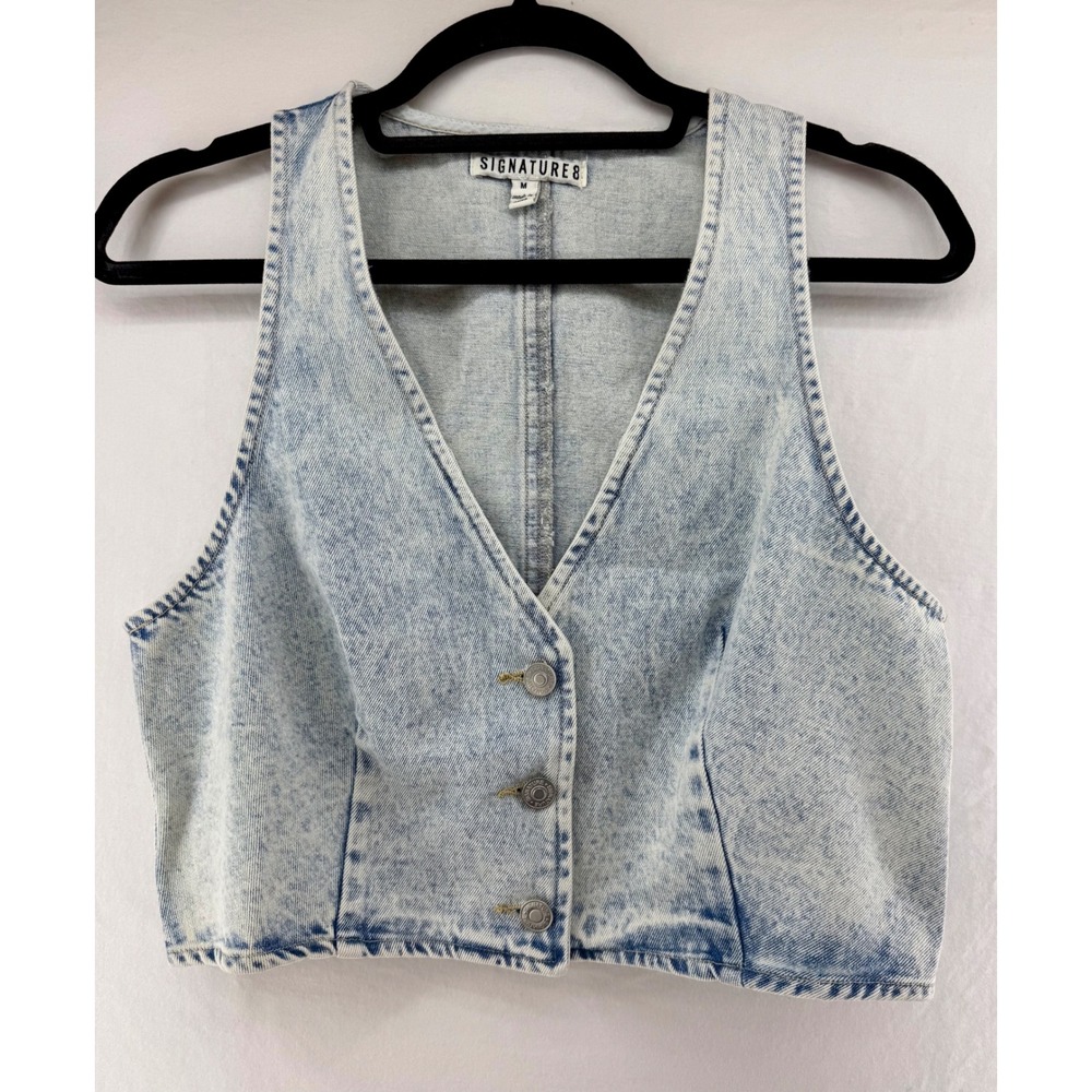 Signature 8‎ Womens Acid Wash Cropped Denim Vest Light Blue V-Neck Size M S5951